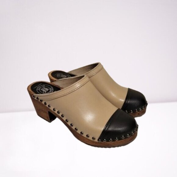 Ugglebo Shoes - Ugglebo Cameo Captoe Clog Black & Beige Leather Studded Clogs